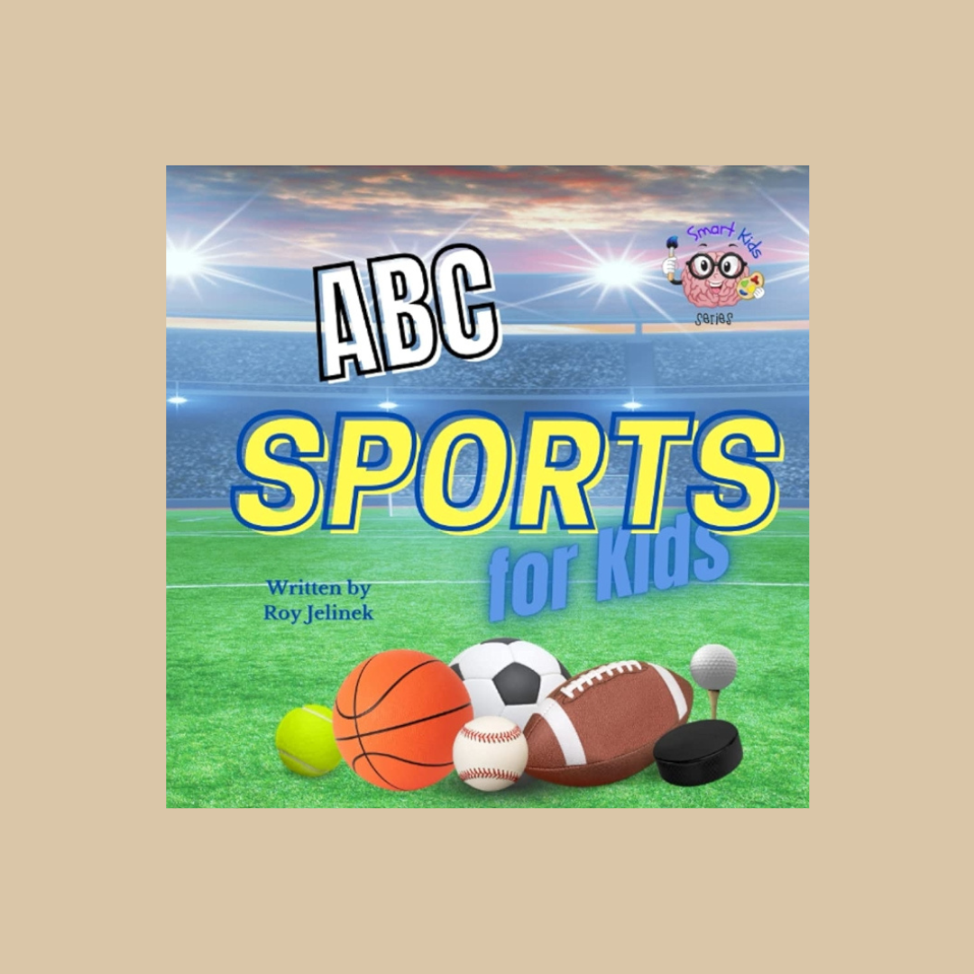 Book cover of 'ABC Sports for Kids' with sports equipment on a field background