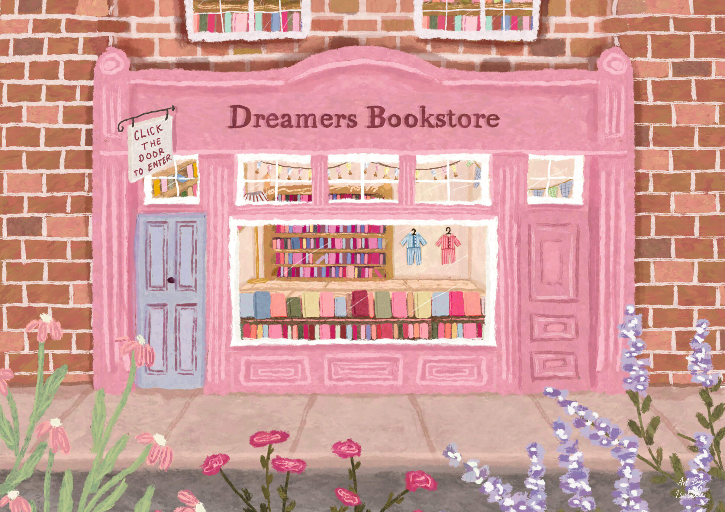 Pink storefront of Dreamers Bookstore with books and chairs displayed, set against a brick wall. Text that reads "Click the door to enter."