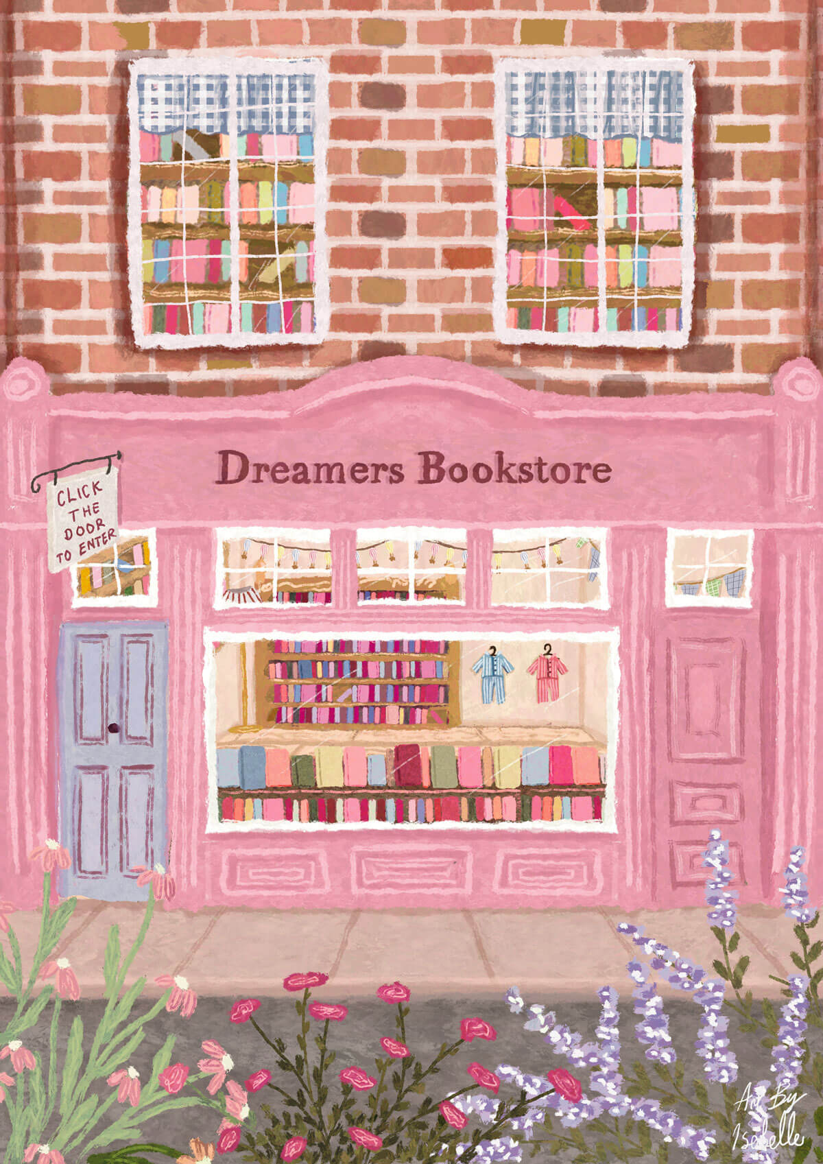 Pink storefront of Dreamers Bookstore with books and chairs displayed, set against a brick wall. Text that reads "Click the door to enter."