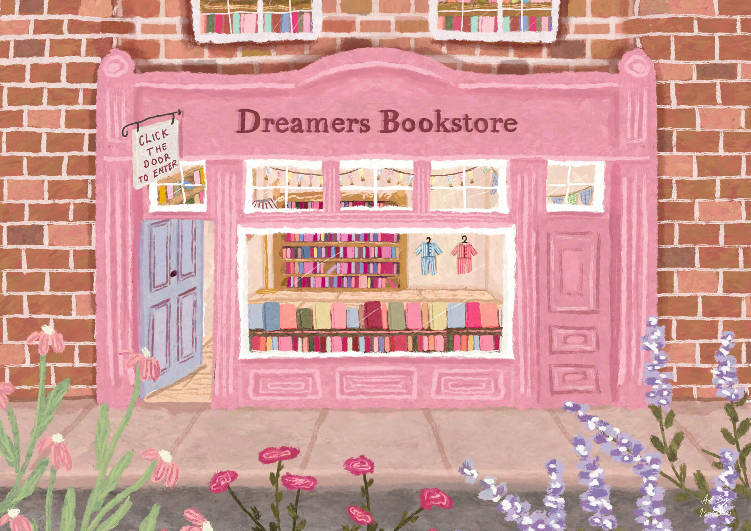 Pink storefront of Dreamers Bookstore with books and chairs displayed, set against a brick wall. Text that reads "Click the door to enter."